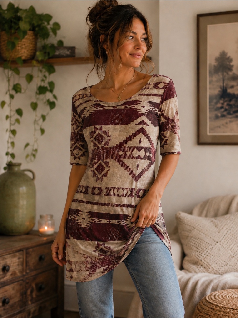 Eclipse Boho Aztec Print Long Tunic Top | Size Small | Festival Western Cottagec